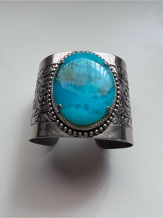 None Jewelry - Vintage Engraved Sterling Silver Blue Gem Turquoise Wide Cuff  Bracelet
